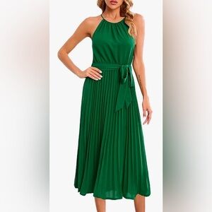 Women's Sexy Sleeveless Halter Tie Waist Pleated Midi Dress